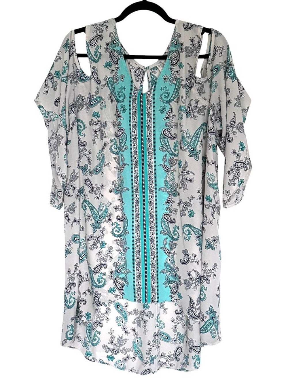 Cato Plus Shirt Women’s 18/20W Paisley Boho Sheer Cold Shoulder High Low Top
